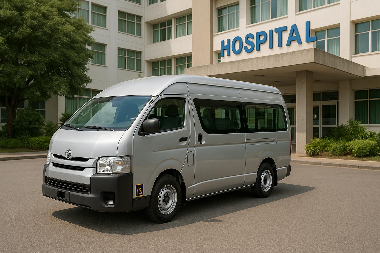 hospital-van-in-front-of-hospital-building