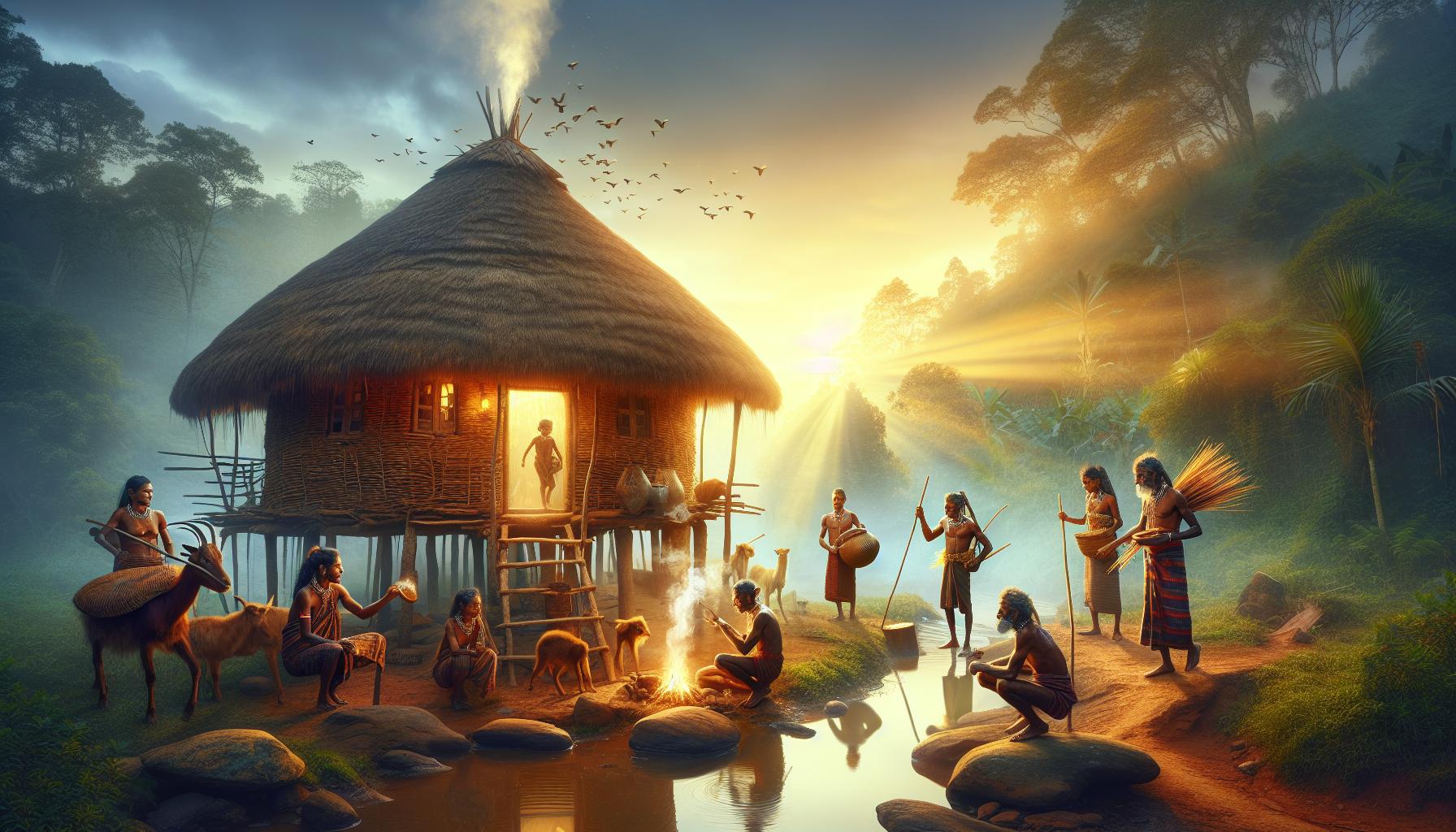 indigenous-village-scene-at-dawn-with-people-animals-and-natural-surroundings