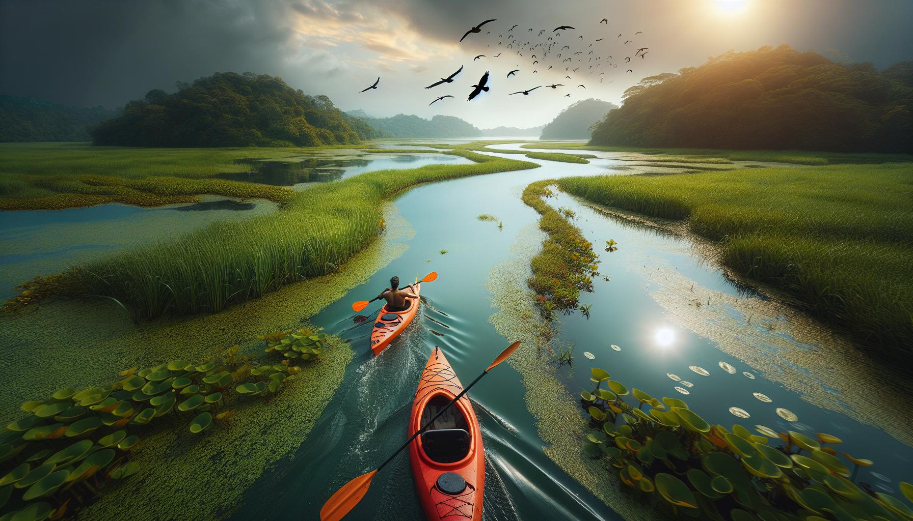 kayaking in serene marshland at sunset with birds flying overhead
