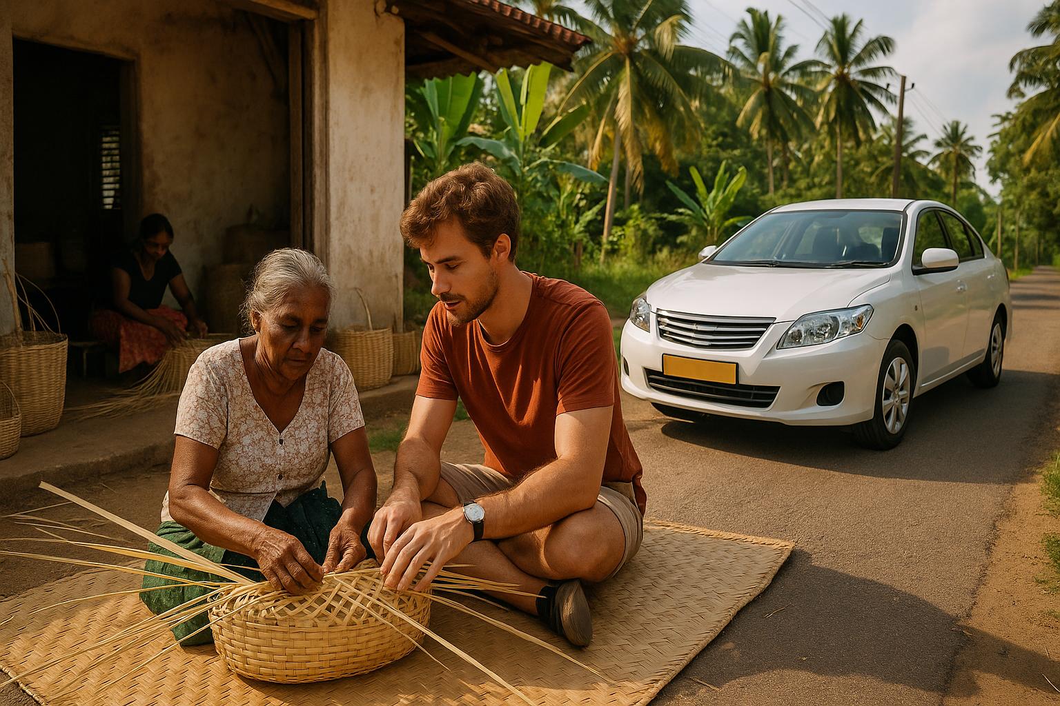 man learning traditional weaving from elderly woman beside parked car