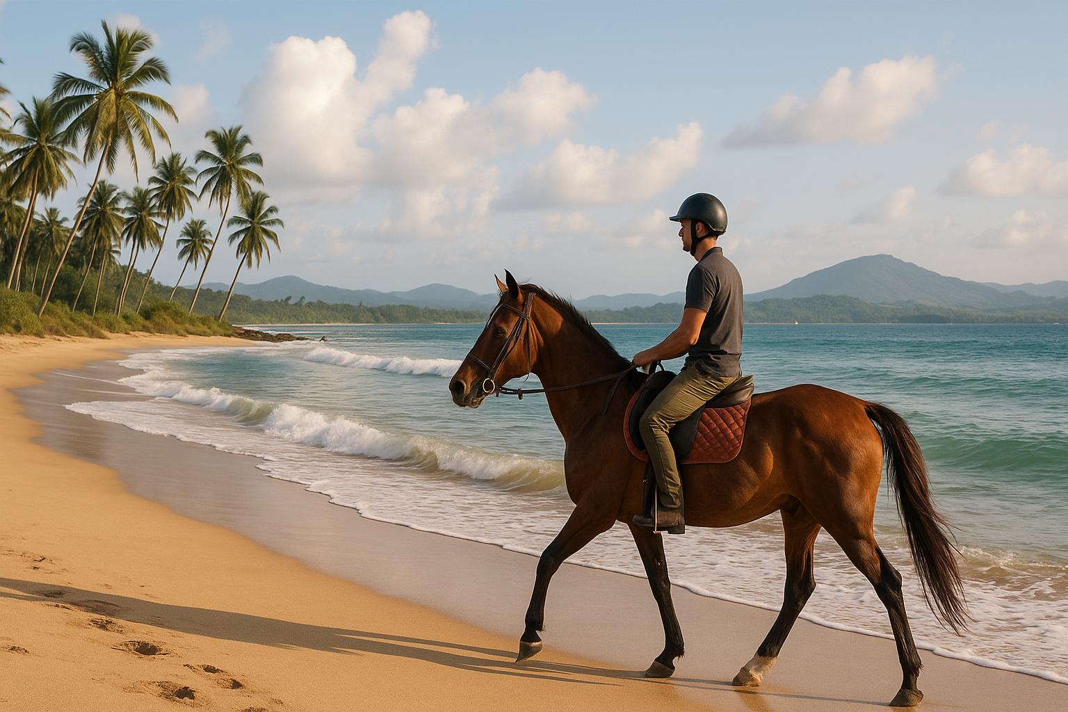 man riding horse along a beach with palm trees and mountains in the background