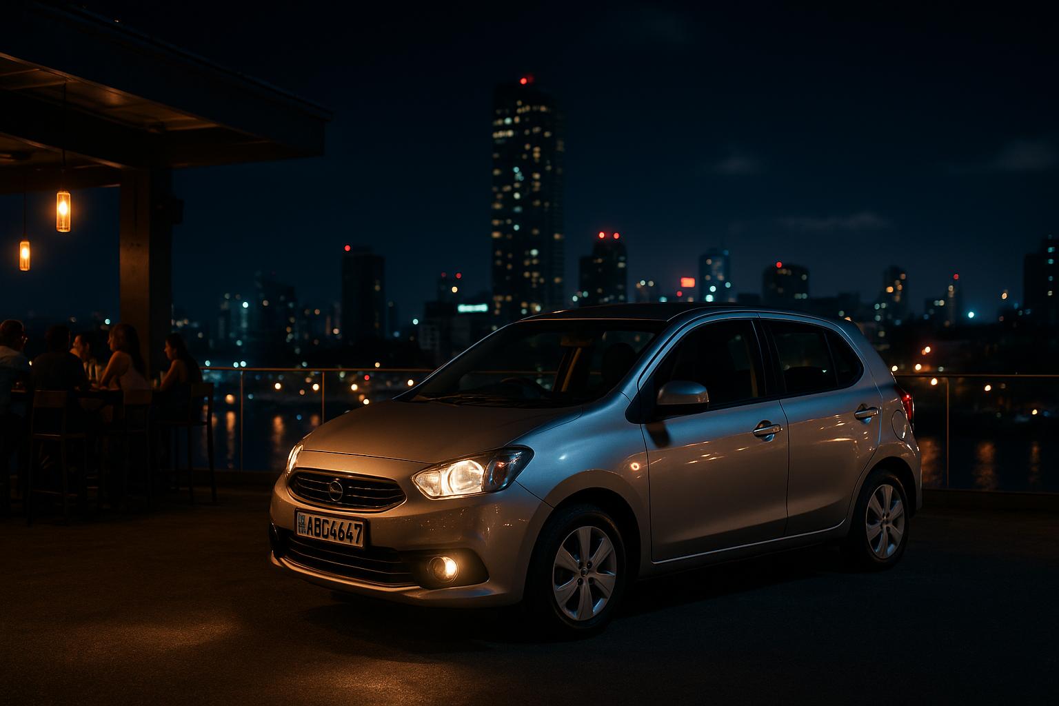 nighttime-cityscape-with-silver-car-in-foreground