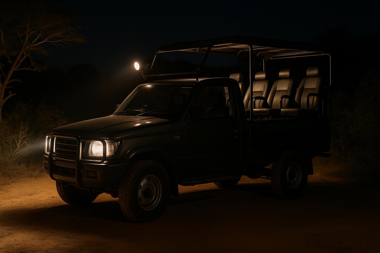nighttime safari vehicle with open seating