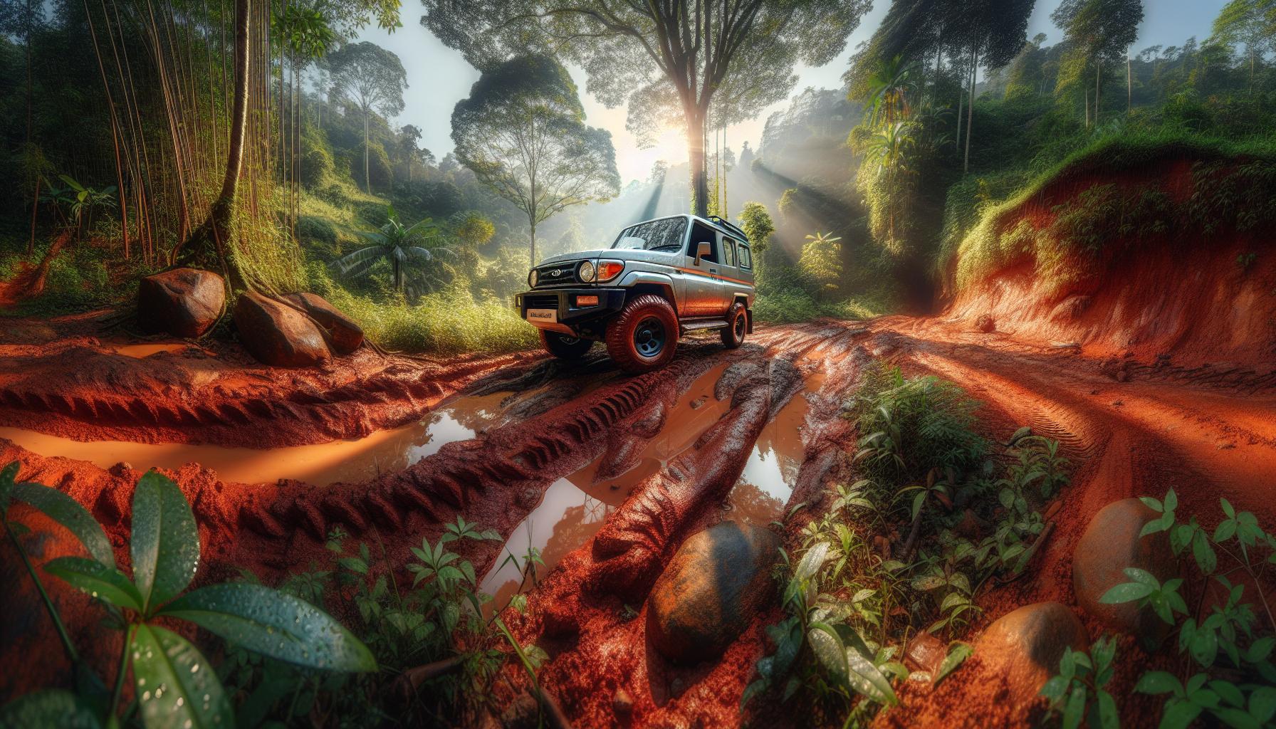 off-road-vehicle-in-rainforest-with-sunlight-and-red-soil