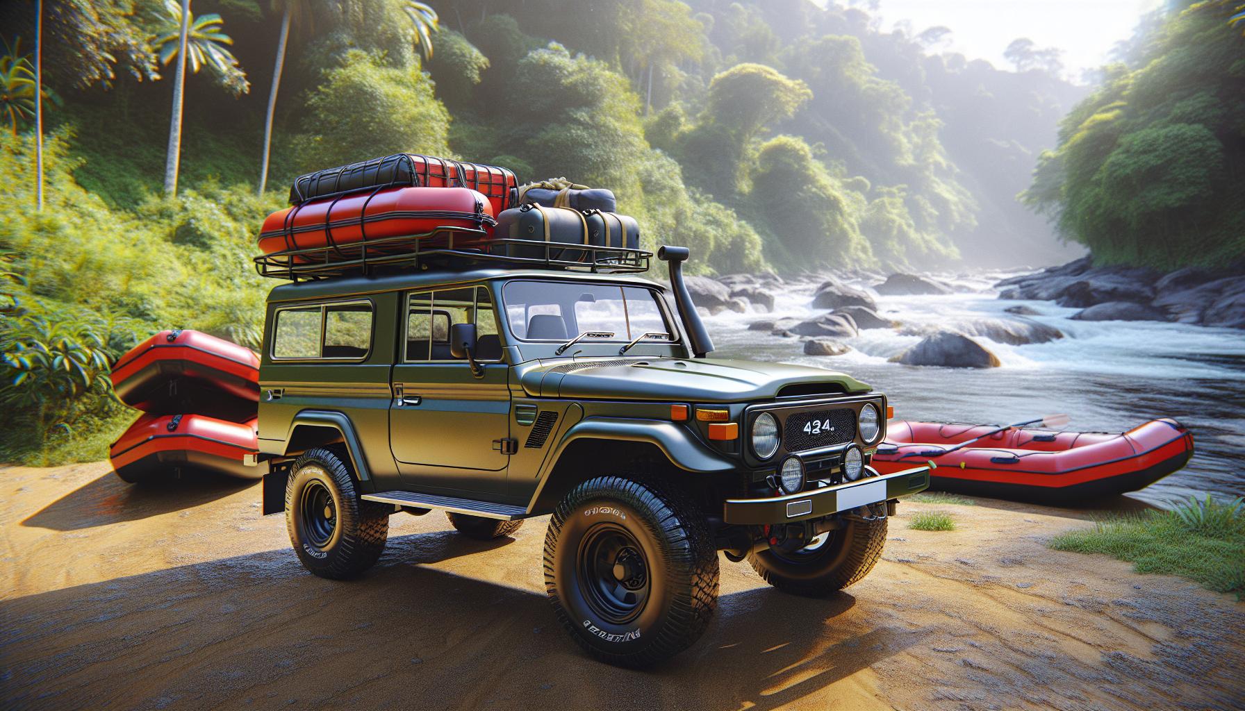 off-road-vehicle-luxury-suv-with-camping-gear-near-river-and-inflatable-boats