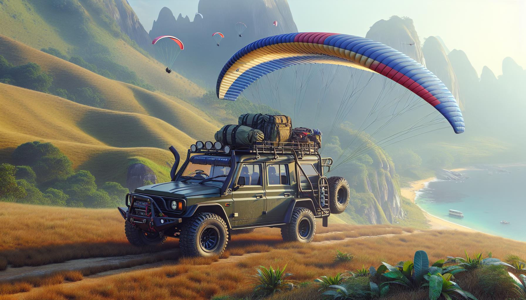 off-road-vehicle-with-luggage-in-scenic-landscape-and-paragliders