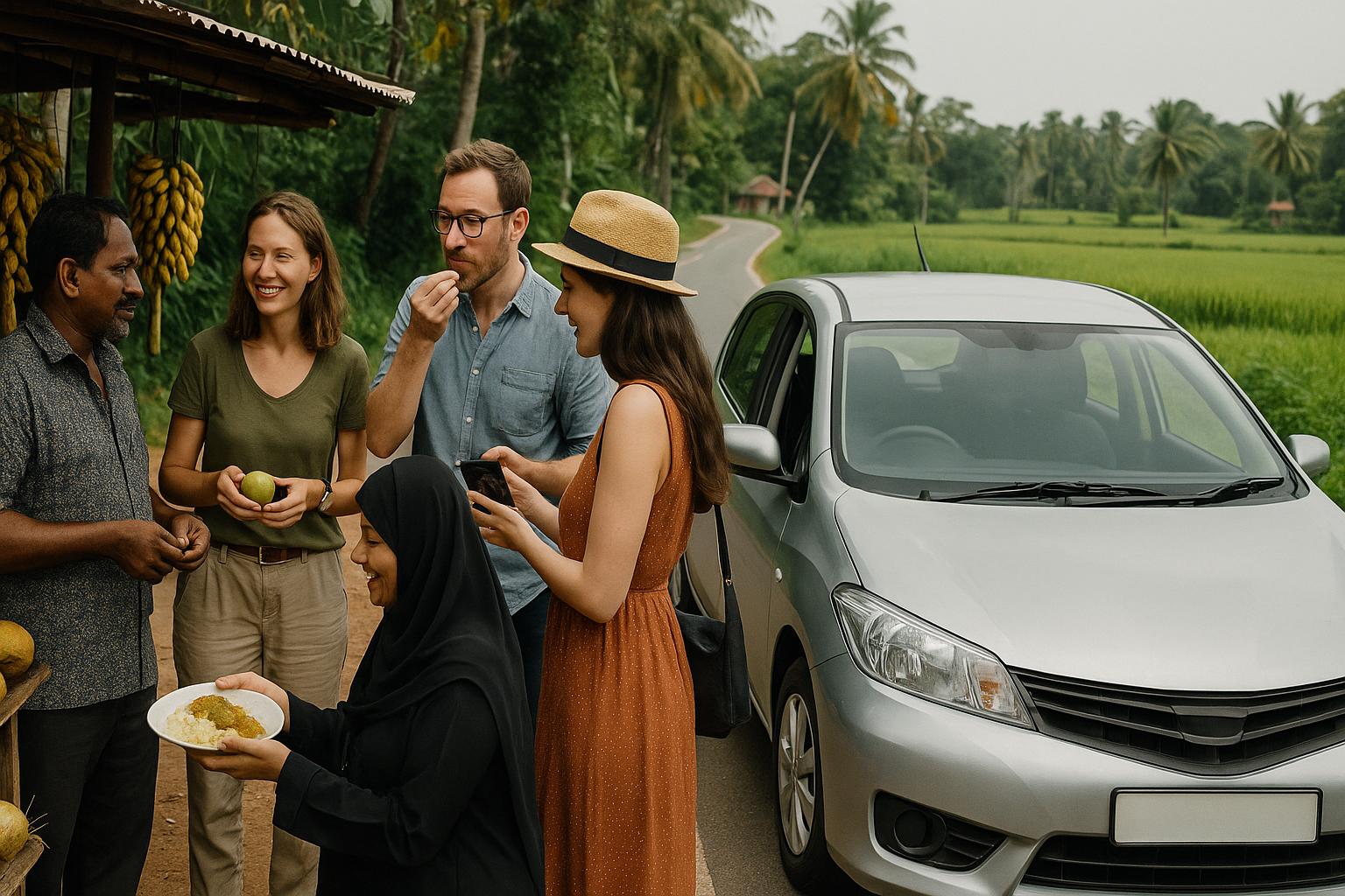 people enjoying local food and fruits at a roadside stand near a car in a tropical setting