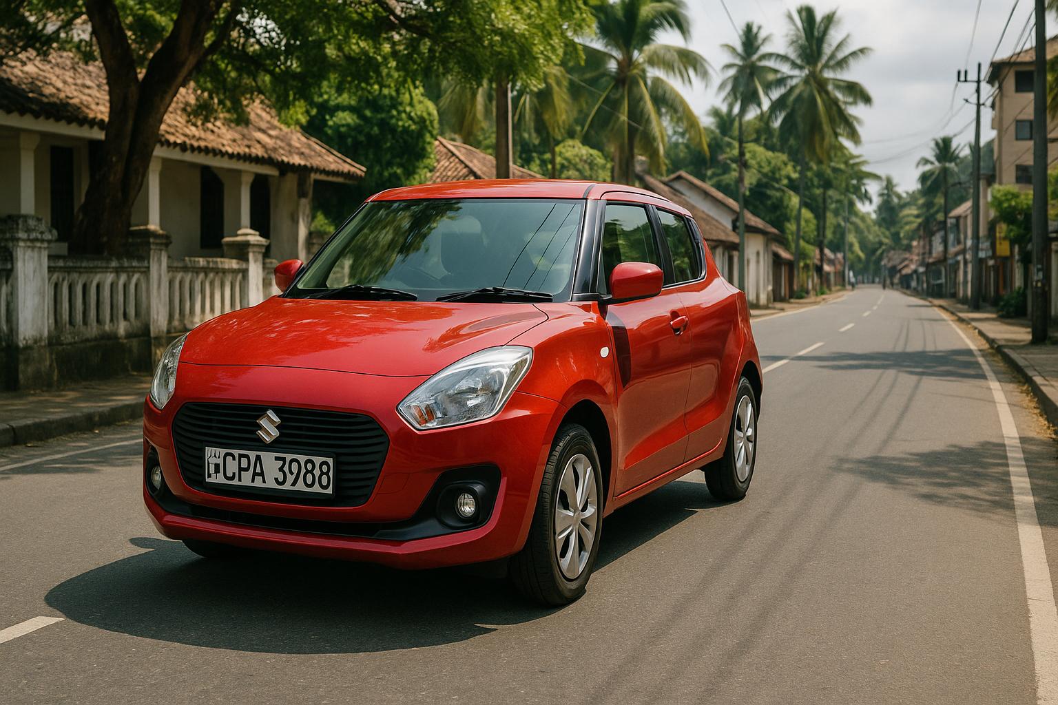 red-suzuki-car-on-street-with-greenery