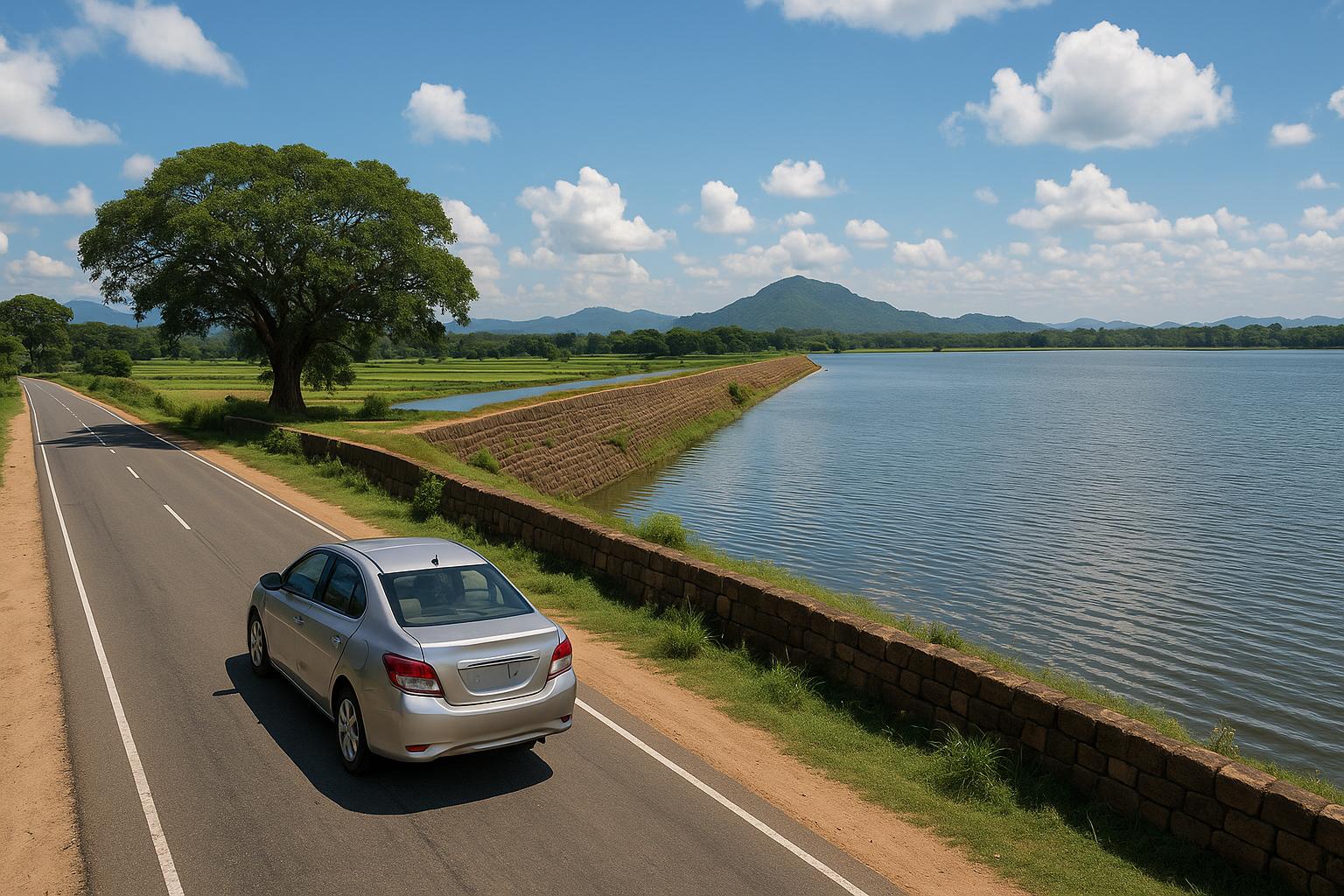 scenic-roadside-view-with-car-near-waterbody-and-green-landscape