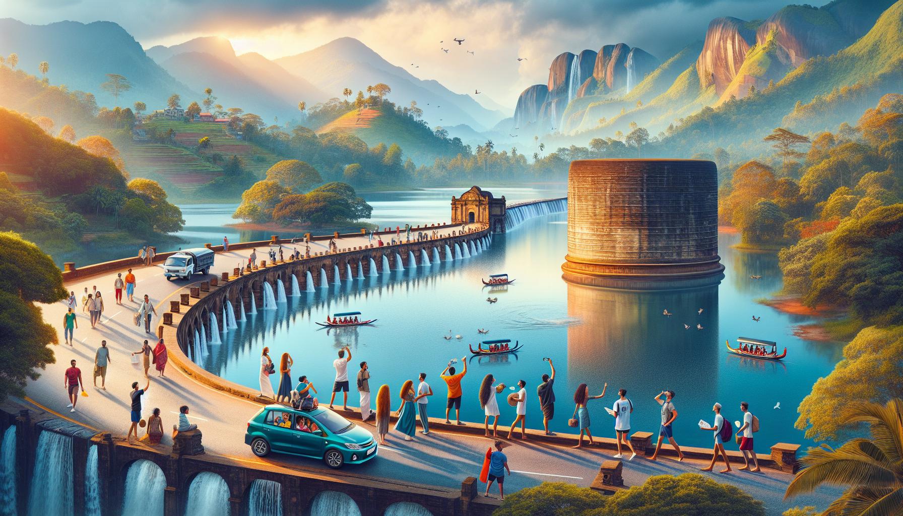 scenic-view-of-a-mountain-lake-with-people-walking-and-boats-on-the-water