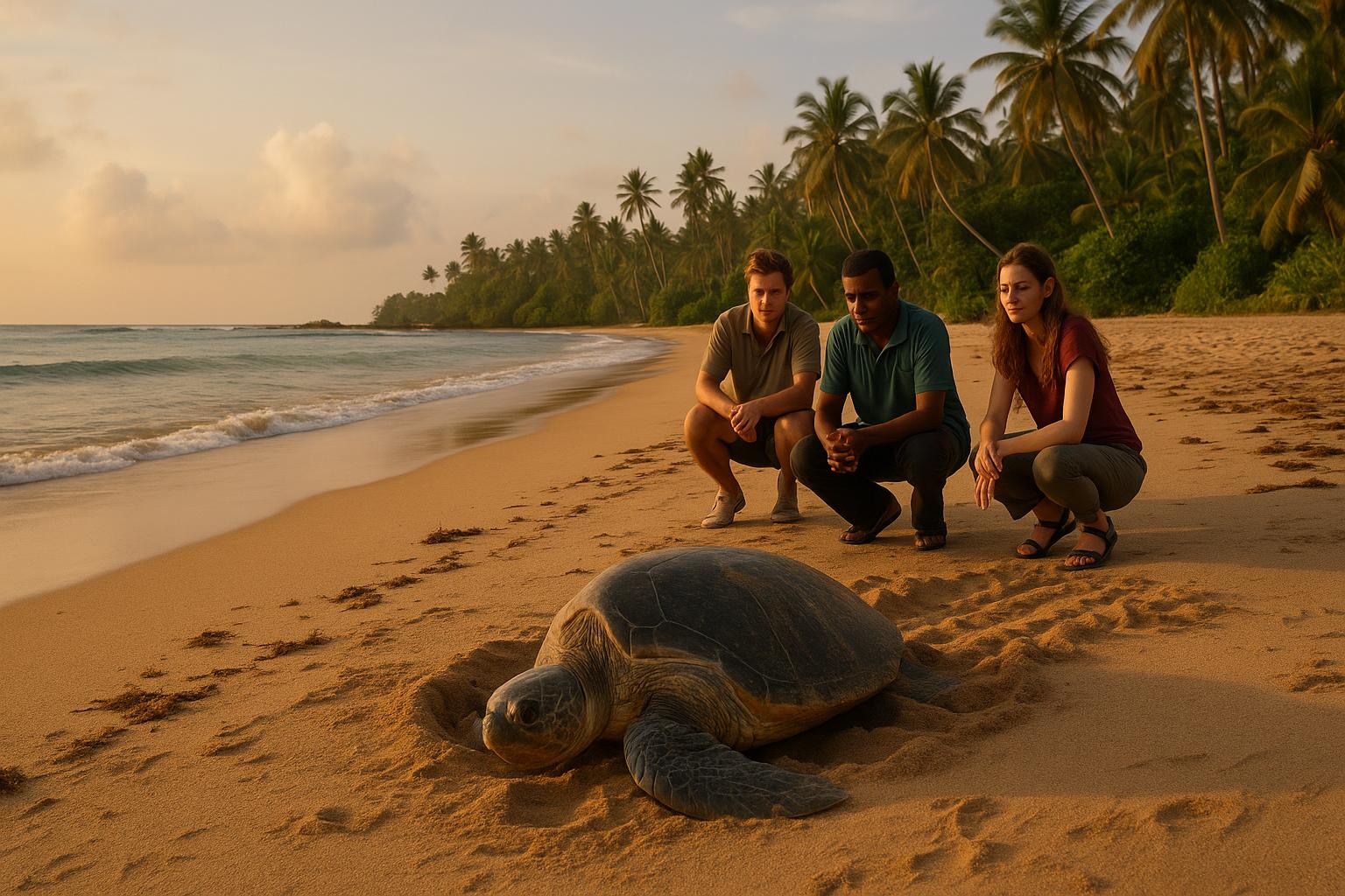 sea turtle nesting with observant friends on the beach at sunset