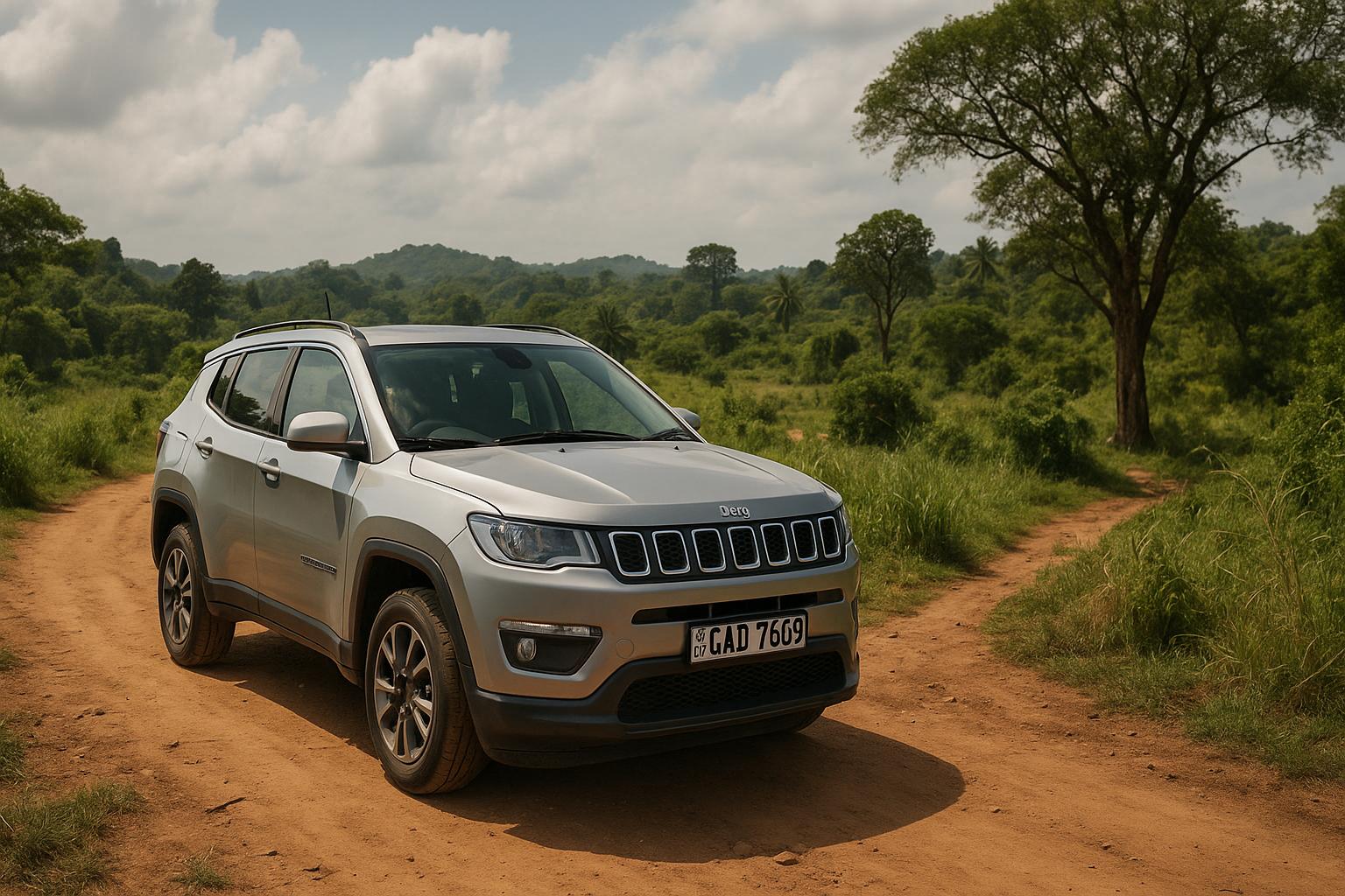 silver SUV parked on a dirt road surrounded by greenery