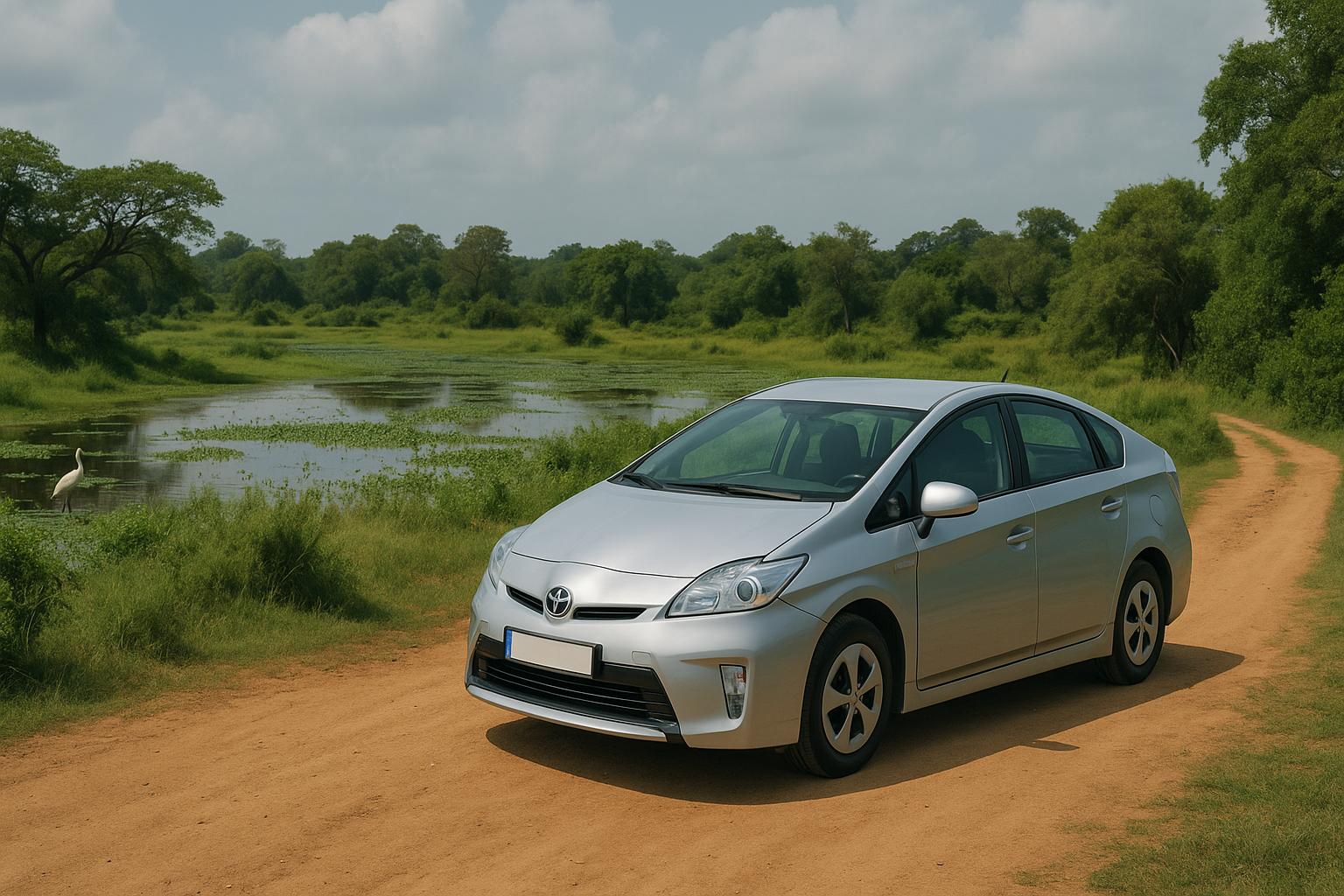 silver Toyota Prius parked by a river in a green landscape