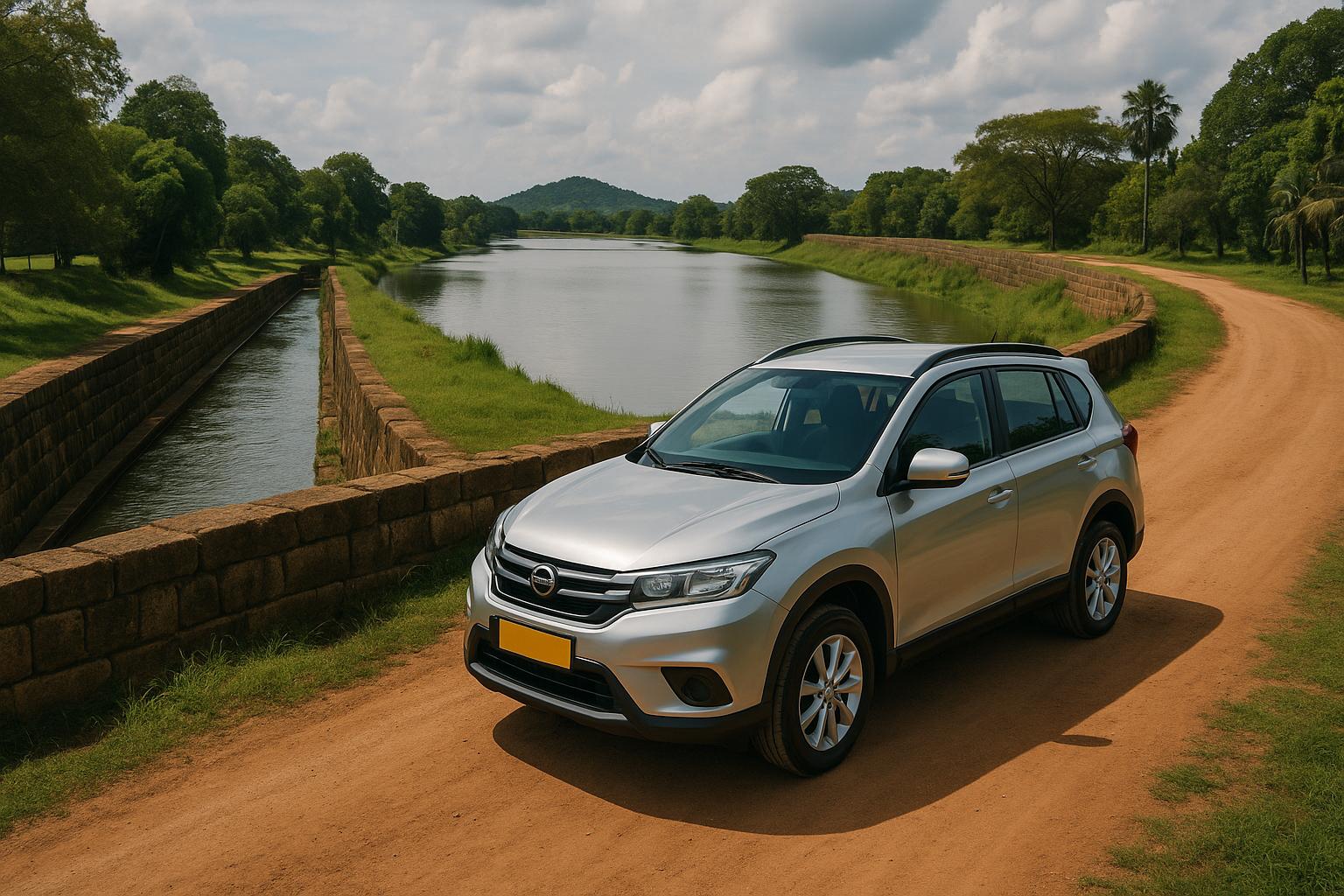 silver-car-on-dirt-road-by-waterbody-with-greenery