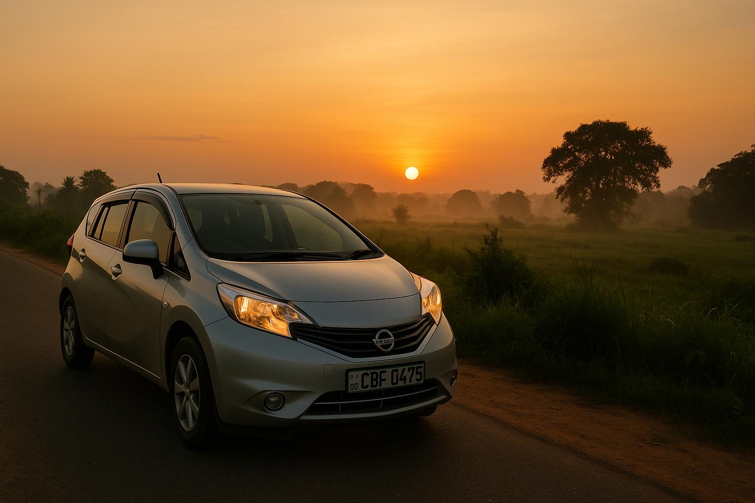 sunset landscape with silver car on road