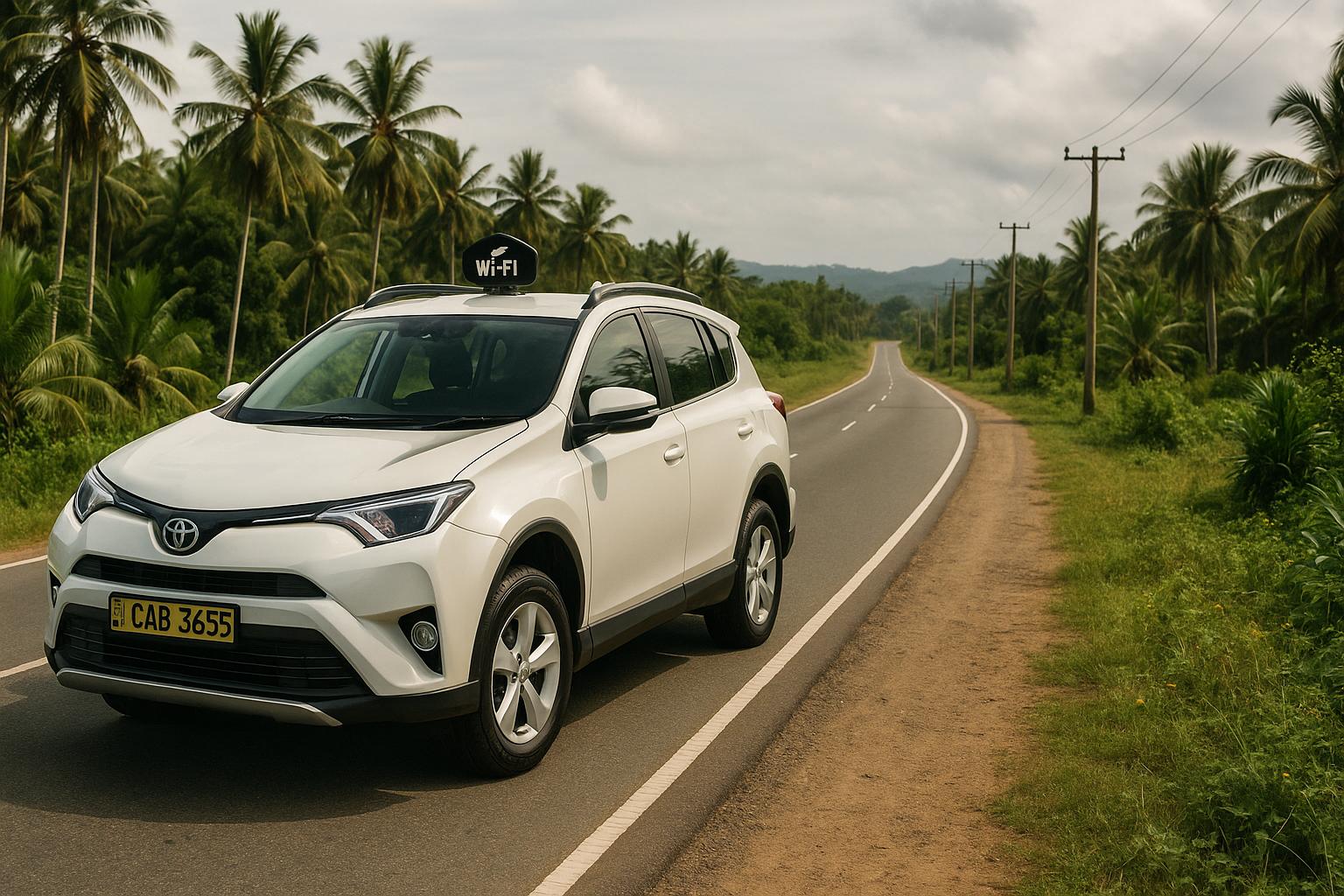 taxi car with Wi-Fi sign on rural road surrounded by palm trees