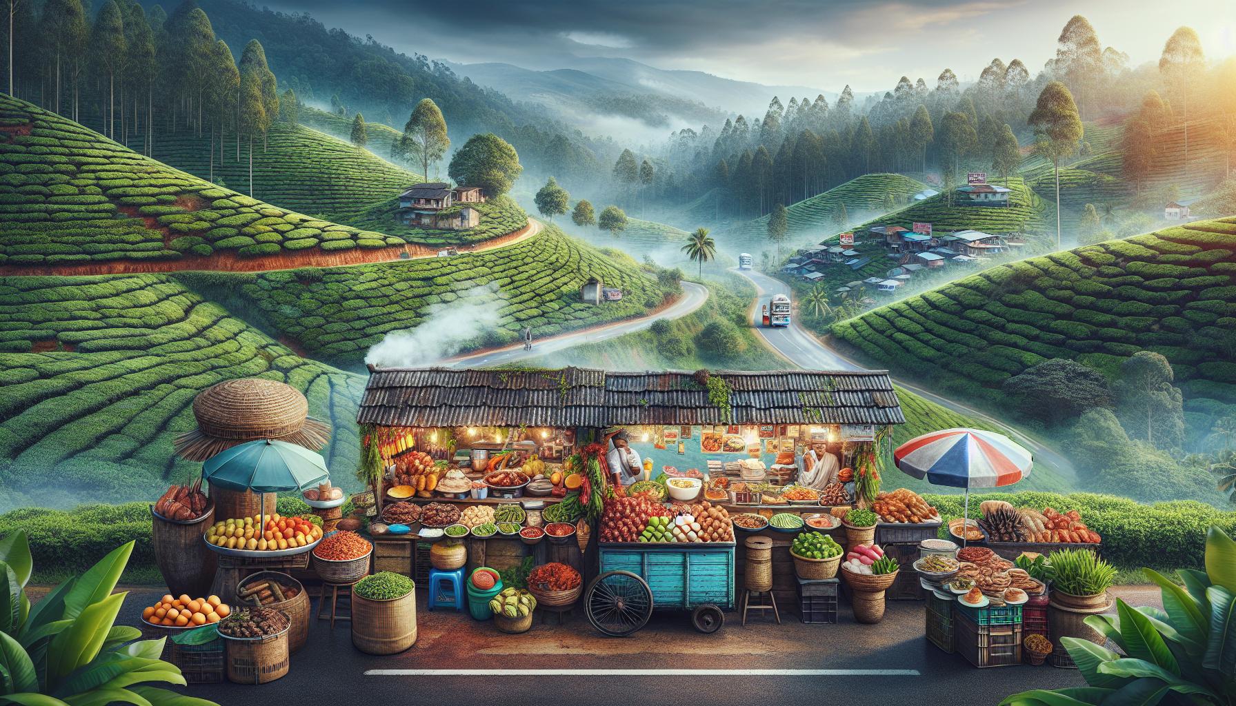 tea plantation market scene in scenic hills with fruits and vegetables