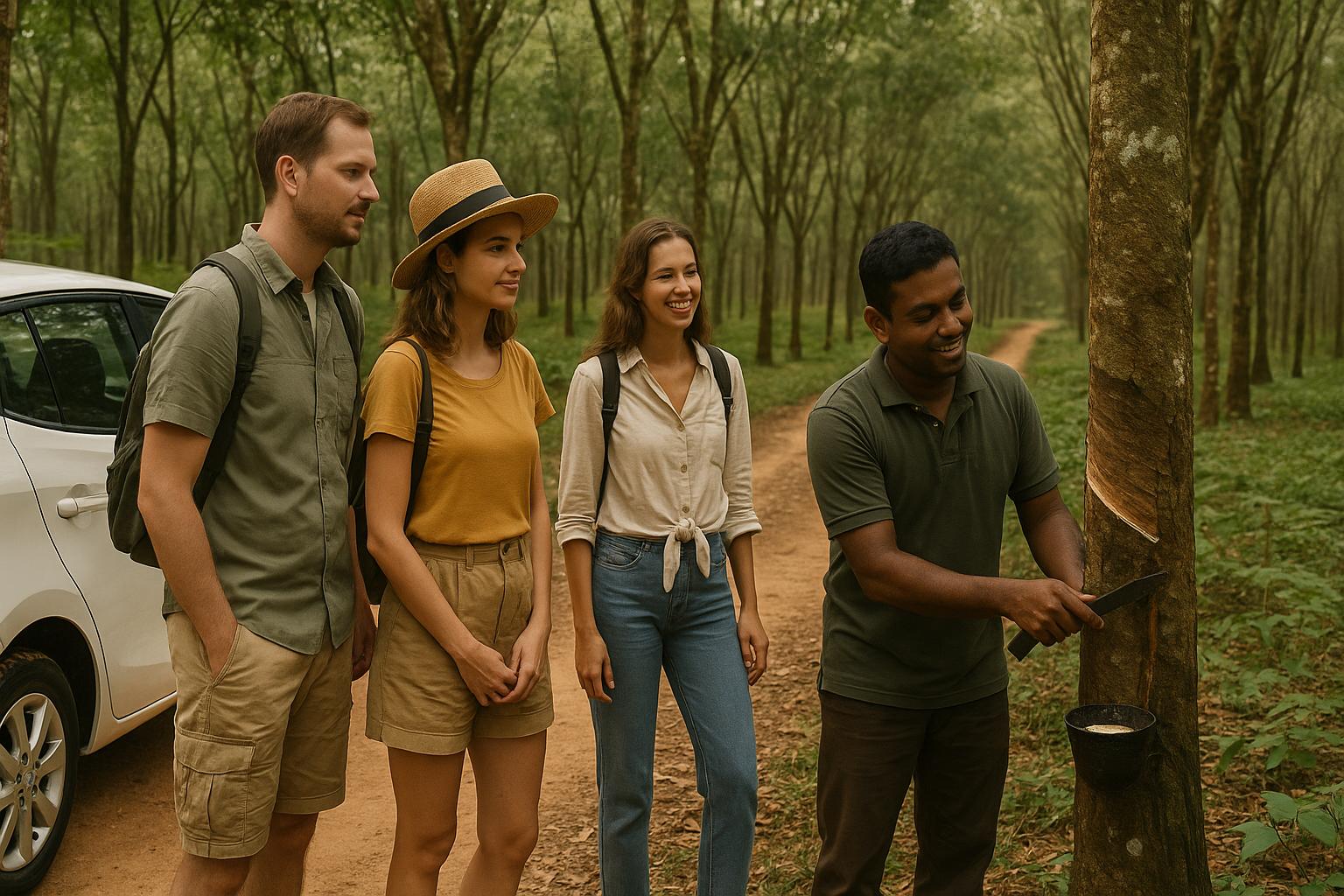 tourists observing rubber tapping in a forest