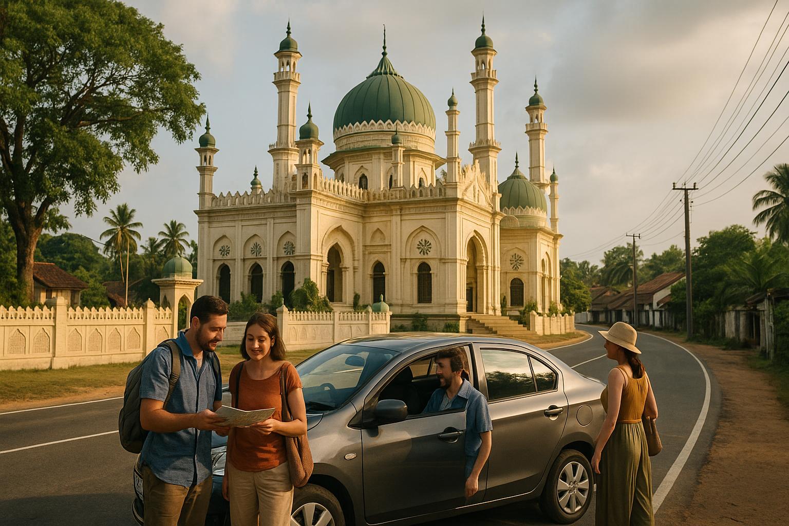 travelers exploring a historic mosque with a car in the foreground