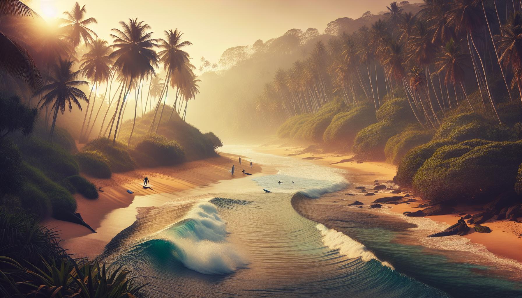tropical-beach-with-palm-trees-and-surfers-at-sunset