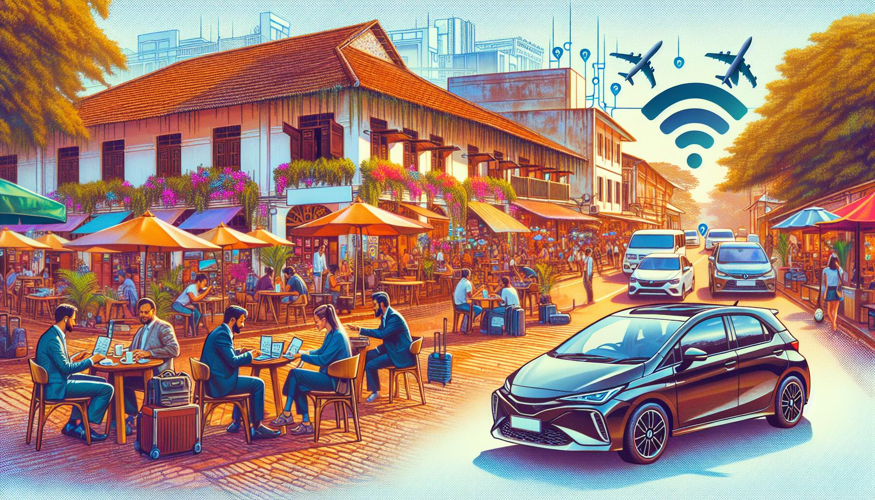 urban street scene with outdoor cafes, business people working, and smart technology elements
