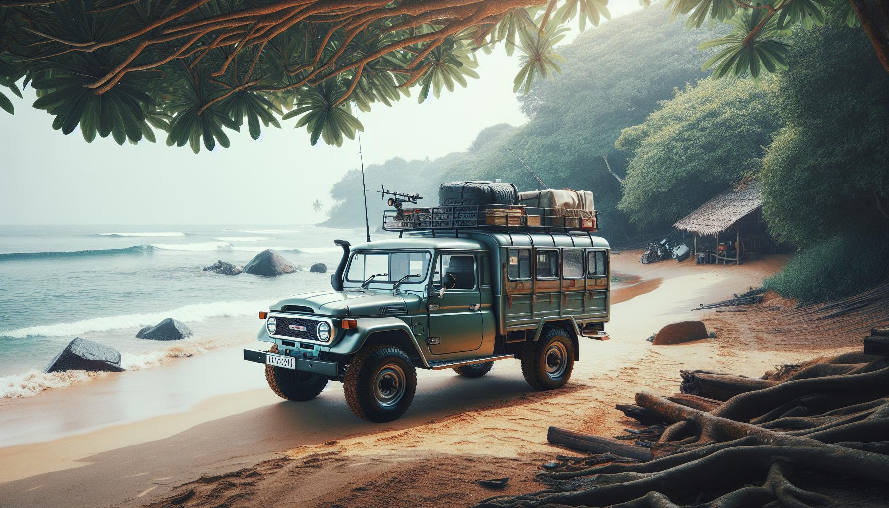 vintage-off-road-vehicle-on-beach-with-luggage-and-fishing-gear