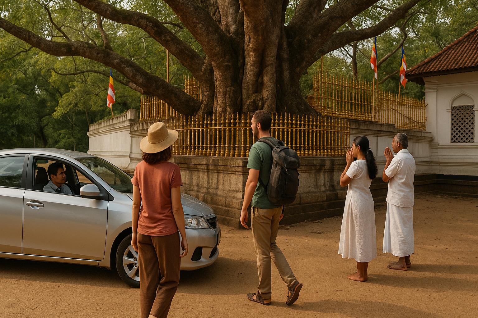 visitors paying respects at a sacred tree near a car at a religious site