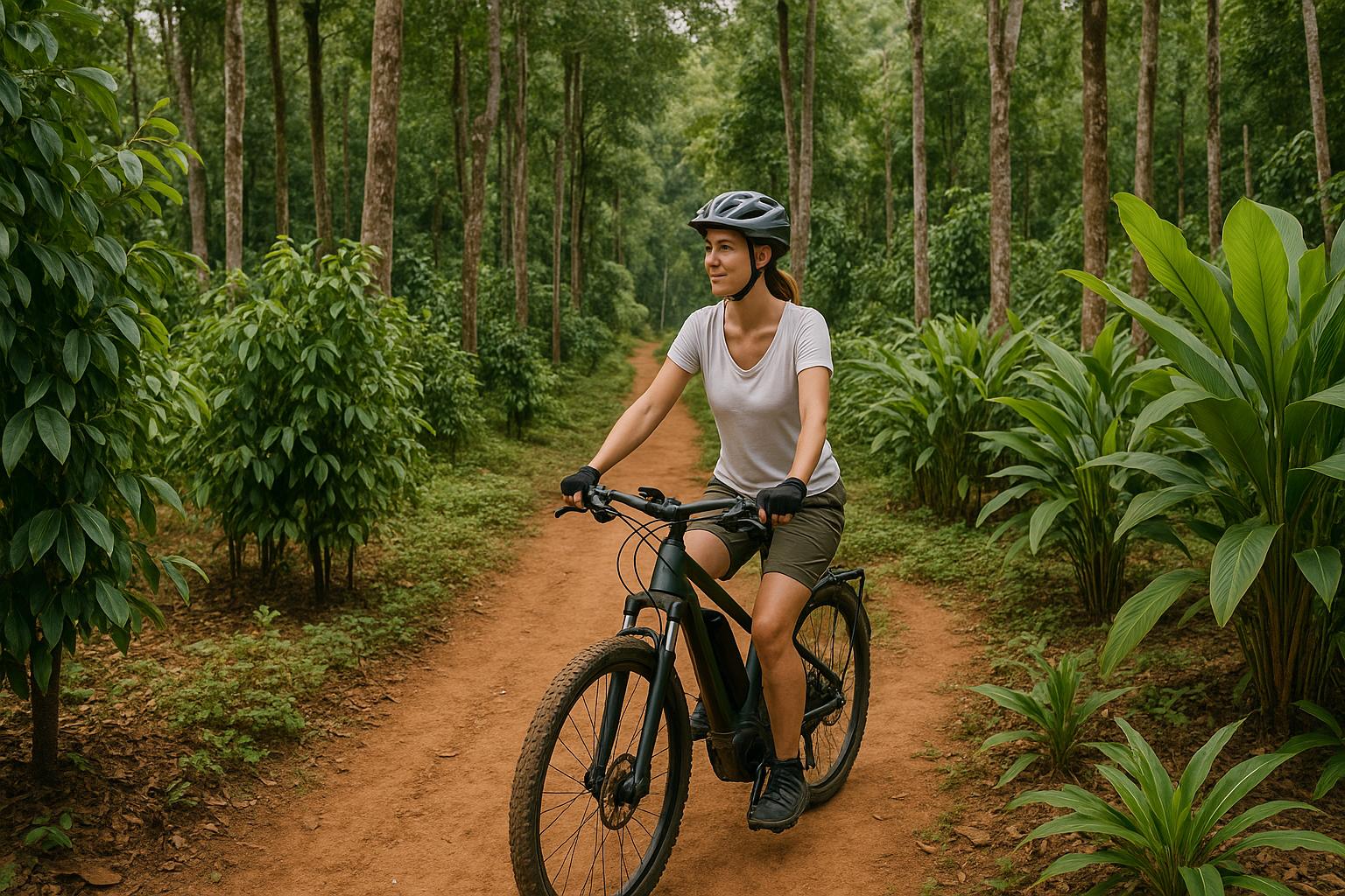 woman biking through a lush forest trail