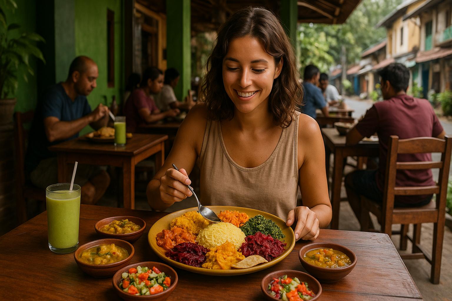 woman enjoying a colorful meal in a restaurant