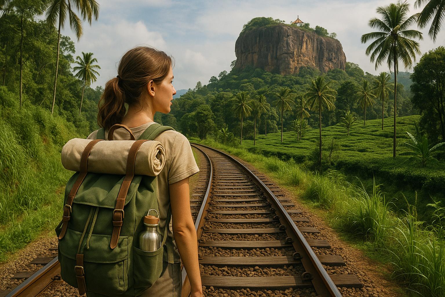 woman hiking near train tracks with a mountain in the background